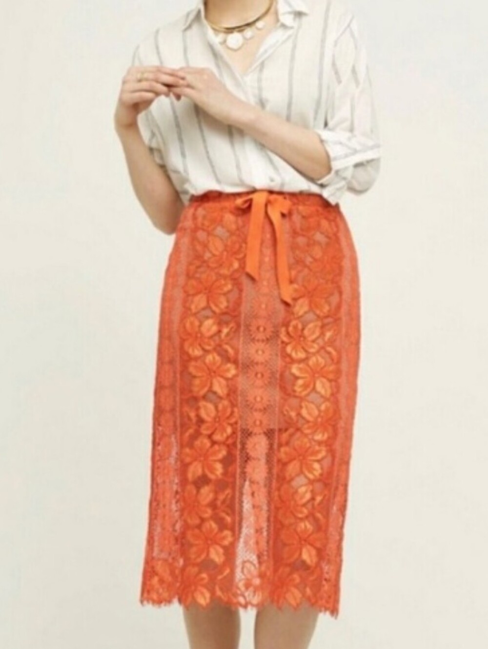 Anthropology Tracy Reese Orange Floral Lace Midi Pencil SkirtSz XS Fall Hallowen